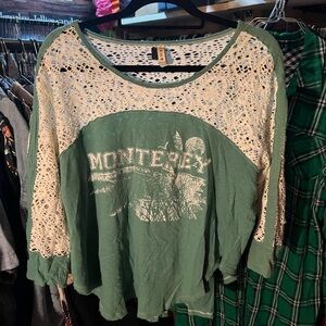 Green and Cream Lace Women's Long Sleeve Top XL